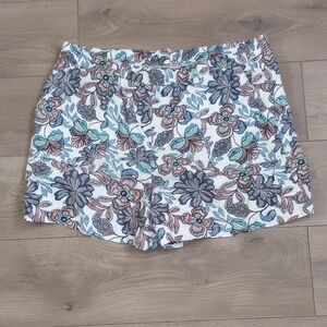 White and Blue Bermuda Shorts with Tropical Print